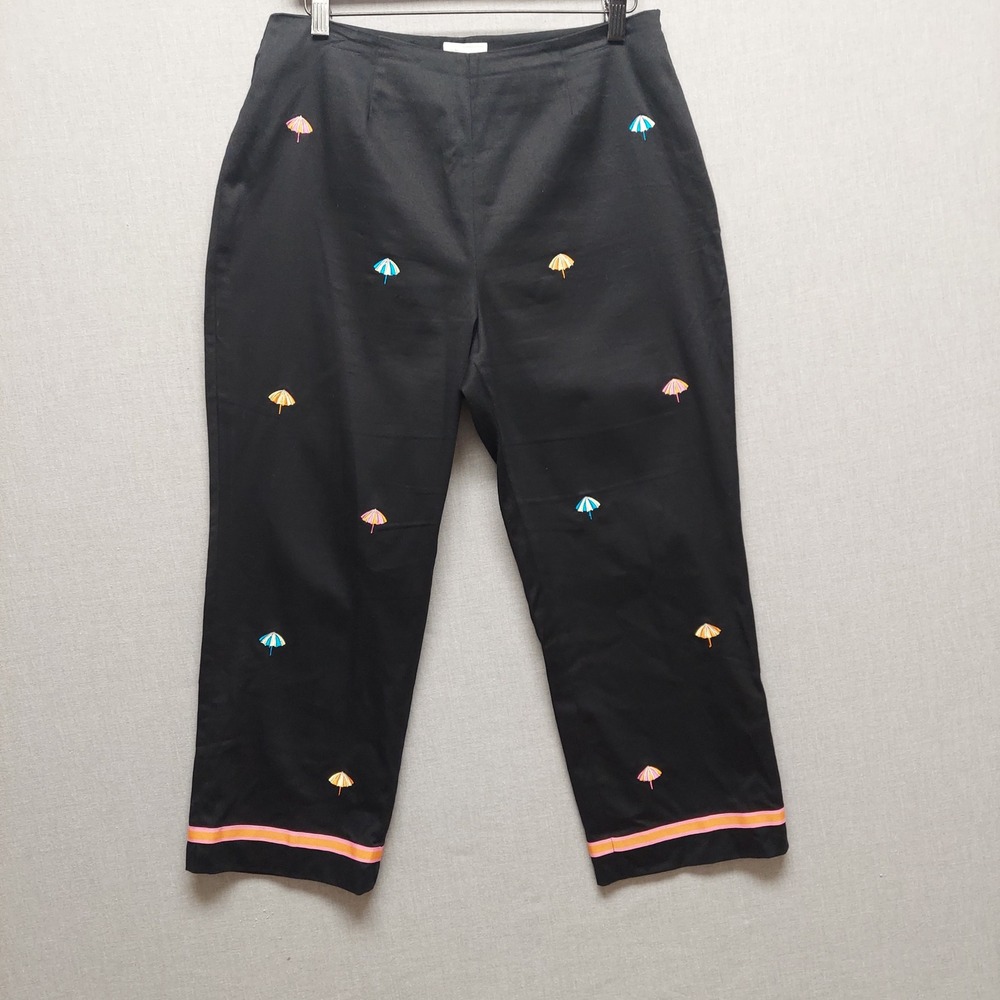 Bamboo Traders Capri Pants Womens 10 Black Umbrella Embroidery Resort Preppy
